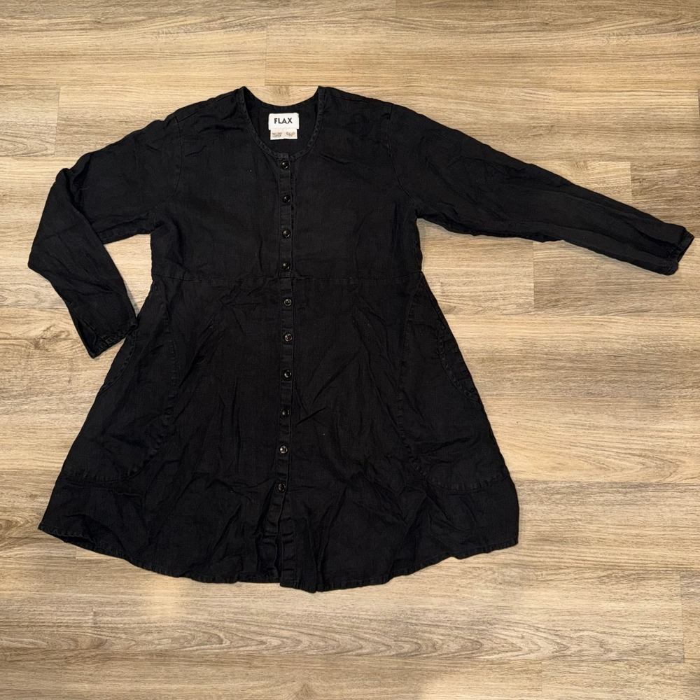 FLAX Black 100% Linen Button Down Tunic Dress Long Sleeve Pockets Womens Large
